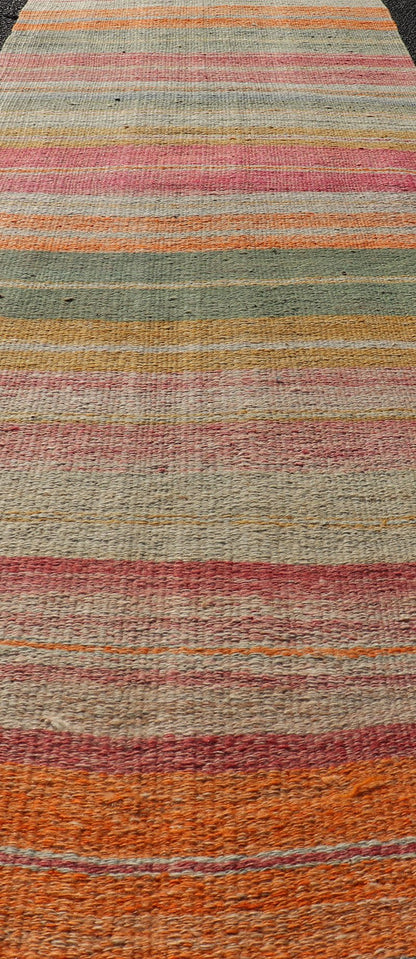 Vintage Turkish Kilim Runner with Horizontal Stripes in Bright Color Tones Vintage Turkish Kilim Runner with Horizontal Stripes in Bright Color Tones. Keivan Woven Arts / rug EN - P13699, country of origin / type: Turkey / Kilim, circa Mid - 20th Ce... - Keivan Woven ArtsEN - P13699 - 17922Rug