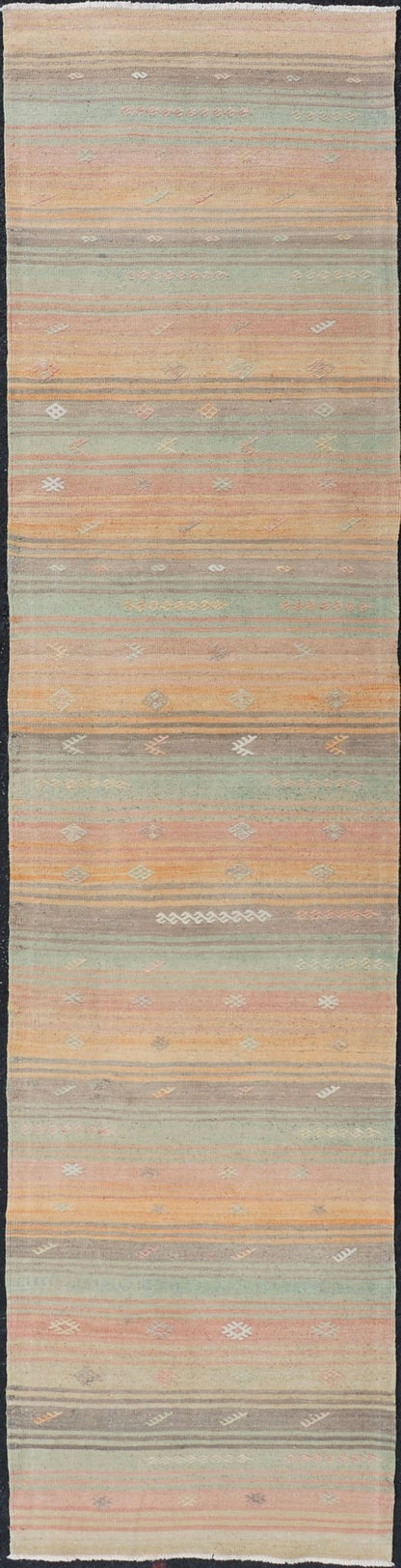 Vintage Turkish Kilim Runner with Stripes and Tribal Motifs in Multicolor Vintage Kilim Runner, rug EN - P13729 , country of origin / type: Turkey / Kilim, circa Mid - 20th Century. Measures: 2'5 x 10'5. - Keivan Woven ArtsEN - P13729 - 18461Rug