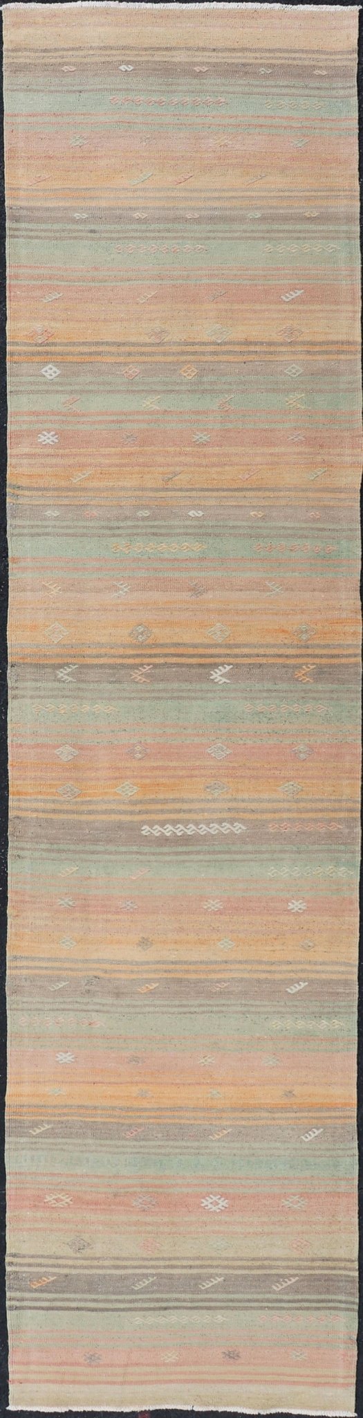 Vintage Turkish Kilim Runner with Stripes and Tribal Motifs in Multicolor Vintage Kilim Runner, rug EN - P13729 , country of origin / type: Turkey / Kilim, circa Mid - 20th Century. Measures: 2'5 x 10'5. - Keivan Woven ArtsEN - P13729 - 18461Rug