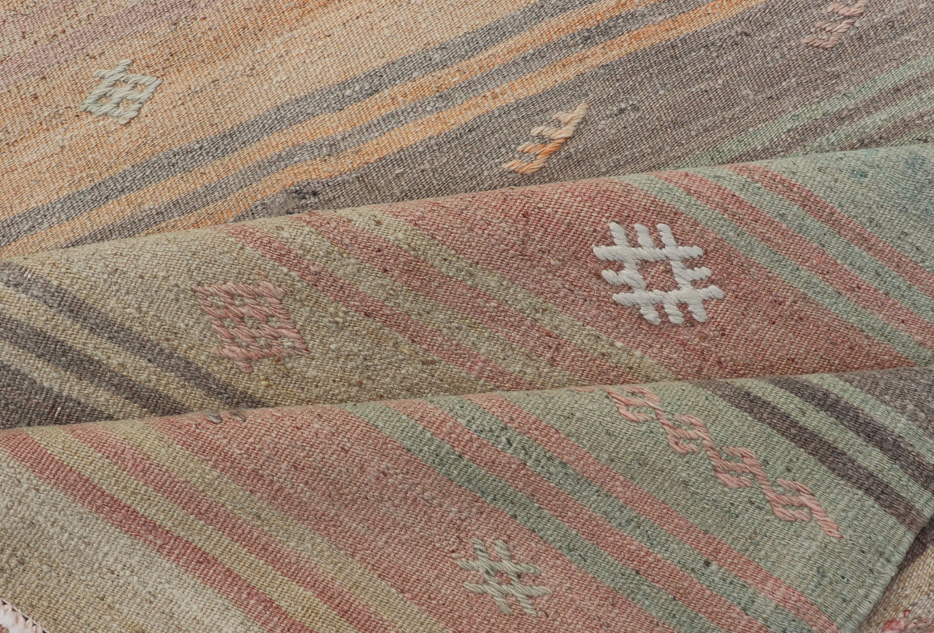 Vintage Turkish Kilim Runner with Stripes and Tribal Motifs in Multicolor Vintage Kilim Runner, rug EN - P13729 , country of origin / type: Turkey / Kilim, circa Mid - 20th Century. Measures: 2'5 x 10'5. - Keivan Woven ArtsEN - P13729 - 18461Rug