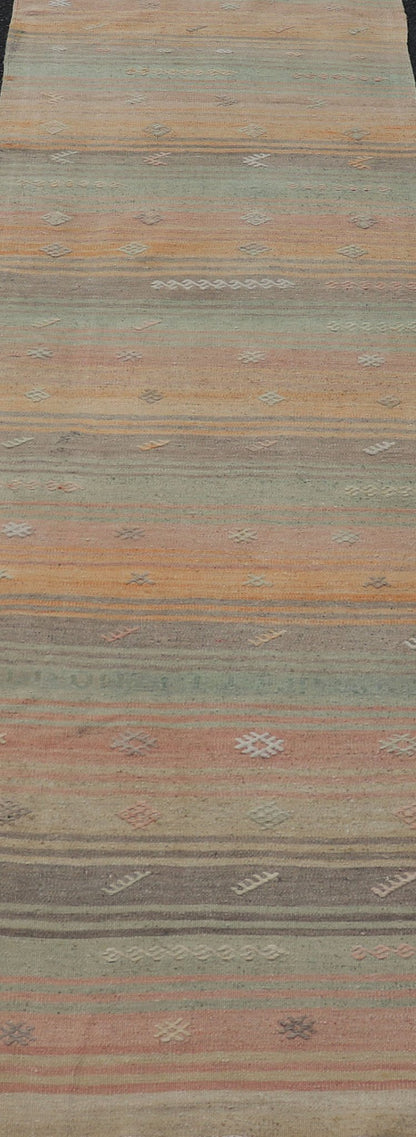 Vintage Turkish Kilim Runner with Stripes and Tribal Motifs in Multicolor Vintage Kilim Runner, rug EN - P13729 , country of origin / type: Turkey / Kilim, circa Mid - 20th Century. Measures: 2'5 x 10'5. - Keivan Woven ArtsEN - P13729 - 18461Rug