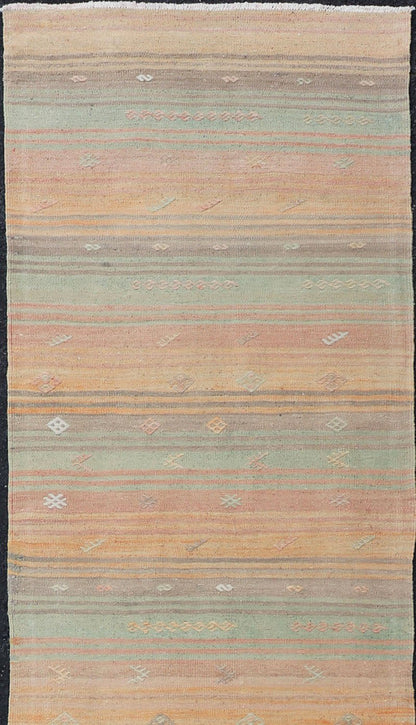 Vintage Turkish Kilim Runner with Stripes and Tribal Motifs in Multicolor Vintage Kilim Runner, rug EN - P13729 , country of origin / type: Turkey / Kilim, circa Mid - 20th Century. Measures: 2'5 x 10'5. - Keivan Woven ArtsEN - P13729 - 18461Rug