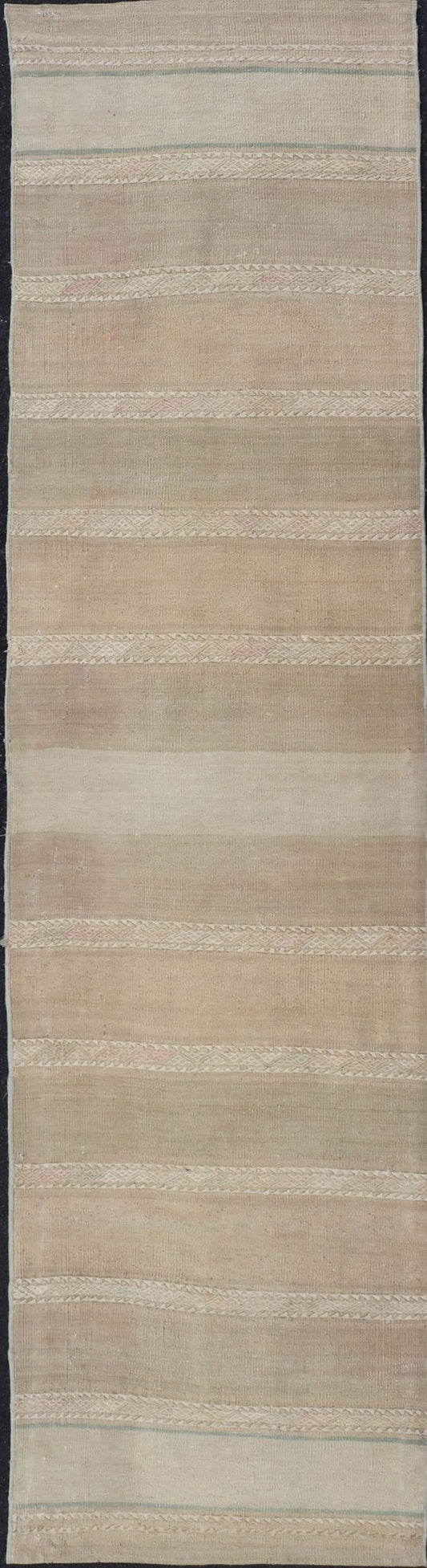 Vintage Hand Woven Turkish Kilim Runner with Stripes Blue, Pink, Cream and Tan Vintage Kilim Runner Hand Woven with Stripes Blue, Pink, Cream and Tan. Keivan Woven Arts / rug EN - P13730, country of origin / type: Turkey / Kilim, circa Mid - 20th Ce... - Keivan Woven ArtsEN - P13730 - 17940