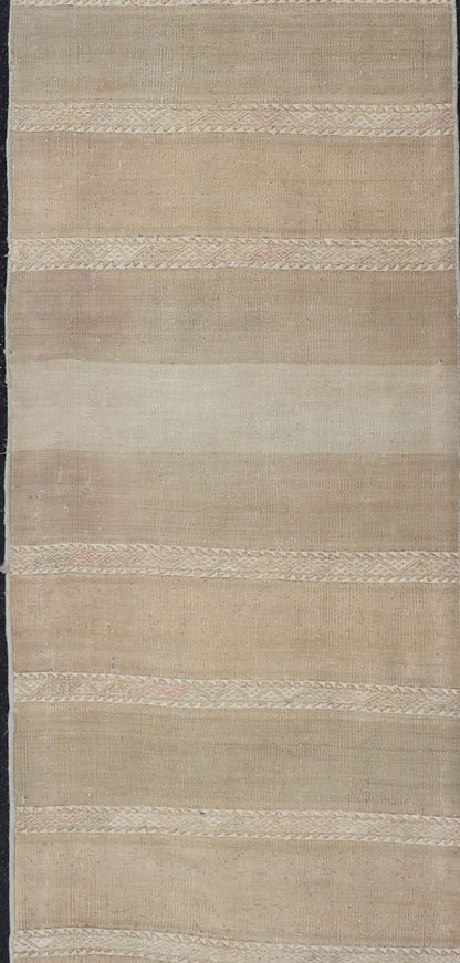 Vintage Hand Woven Turkish Kilim Runner with Stripes Blue, Pink, Cream and Tan Vintage Kilim Runner Hand Woven with Stripes Blue, Pink, Cream and Tan. Keivan Woven Arts / rug EN - P13730, country of origin / type: Turkey / Kilim, circa Mid - 20th Ce... - Keivan Woven ArtsEN - P13730 - 17940Rug