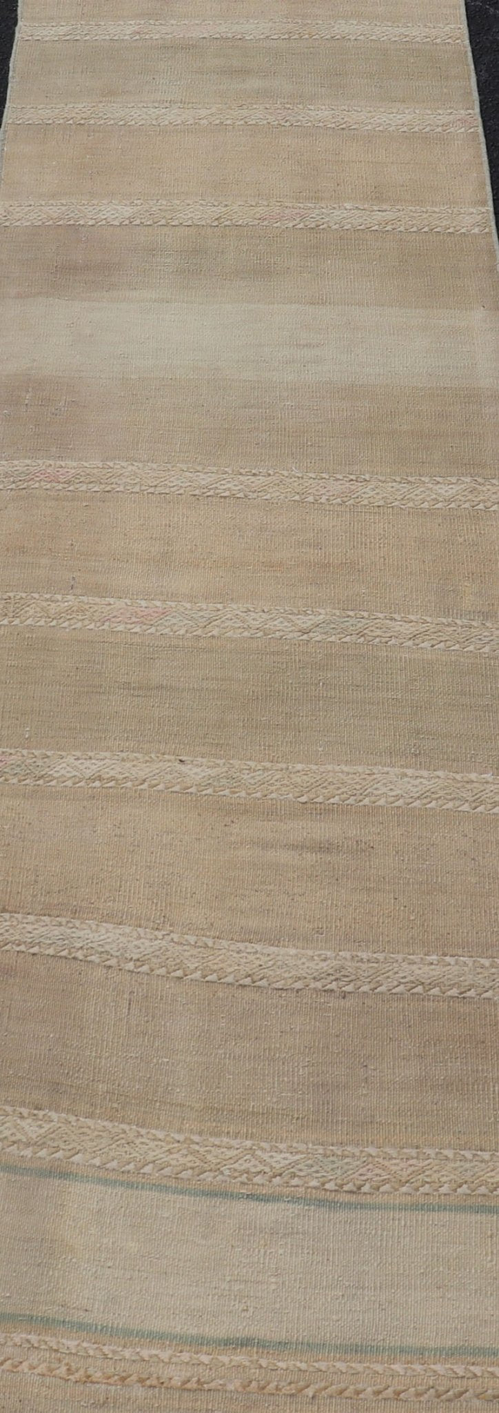 Vintage Hand Woven Turkish Kilim Runner with Stripes Blue, Pink, Cream and Tan Vintage Kilim Runner Hand Woven with Stripes Blue, Pink, Cream and Tan. Keivan Woven Arts / rug EN - P13730, country of origin / type: Turkey / Kilim, circa Mid - 20th Ce... - Keivan Woven ArtsEN - P13730 - 17940Rug