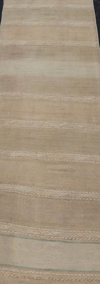 Vintage Hand Woven Turkish Kilim Runner with Stripes Blue, Pink, Cream and Tan Vintage Kilim Runner Hand Woven with Stripes Blue, Pink, Cream and Tan. Keivan Woven Arts / rug EN - P13730, country of origin / type: Turkey / Kilim, circa Mid - 20th Ce... - Keivan Woven ArtsEN - P13730 - 17940Rug