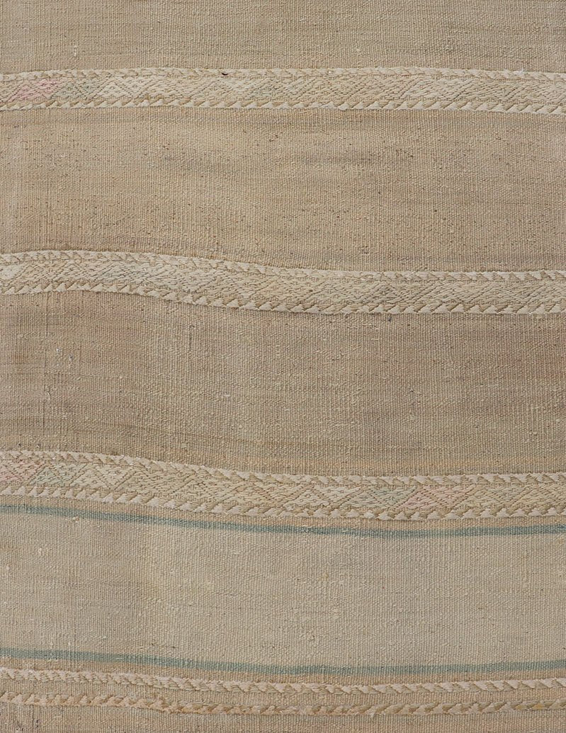 Vintage Hand Woven Turkish Kilim Runner with Stripes Blue, Pink, Cream and Tan Vintage Kilim Runner Hand Woven with Stripes Blue, Pink, Cream and Tan. Keivan Woven Arts / rug EN - P13730, country of origin / type: Turkey / Kilim, circa Mid - 20th Ce... - Keivan Woven ArtsEN - P13730 - 17940Rug