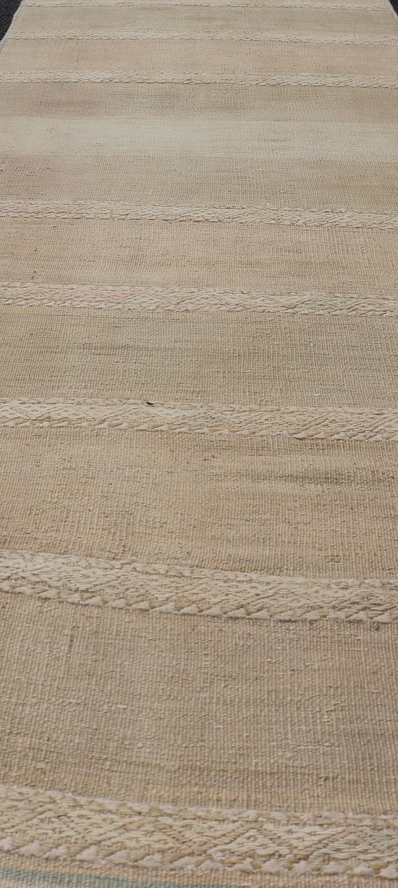 Vintage Hand Woven Turkish Kilim Runner with Stripes Blue, Pink, Cream and Tan Vintage Kilim Runner Hand Woven with Stripes Blue, Pink, Cream and Tan. Keivan Woven Arts / rug EN - P13730, country of origin / type: Turkey / Kilim, circa Mid - 20th Ce... - Keivan Woven ArtsEN - P13730 - 17940Rug
