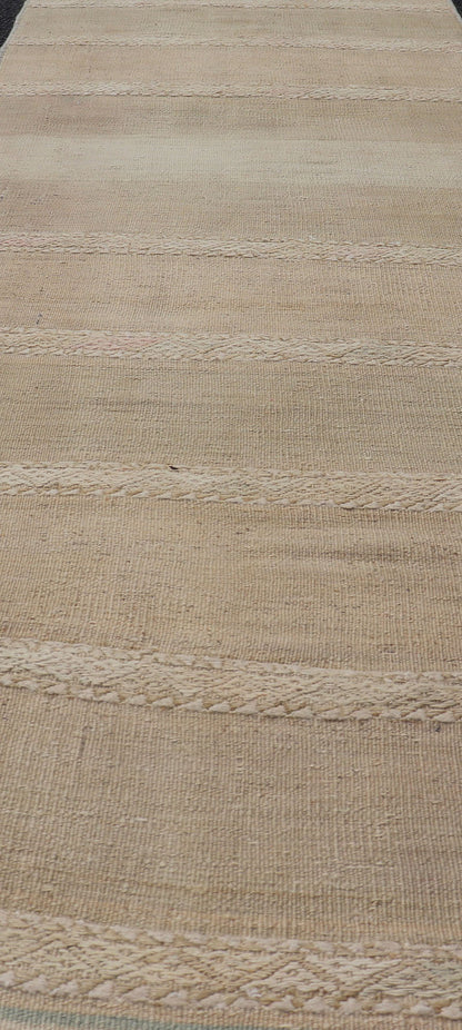 Vintage Hand Woven Turkish Kilim Runner with Stripes Blue, Pink, Cream and Tan Vintage Kilim Runner Hand Woven with Stripes Blue, Pink, Cream and Tan. Keivan Woven Arts / rug EN - P13730, country of origin / type: Turkey / Kilim, circa Mid - 20th Ce... - Keivan Woven ArtsEN - P13730 - 17940Rug