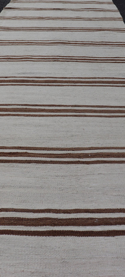 Long Vintage Turkish Natural Kilim with Stripes in Ivory, Taupe and Brown Long Vintage Turkish Natural Kilim with Stripes in Ivory, Taupe and Brown. Keivan Woven Arts / rug EN - P13731, country of origin / type: Turkey / Kilim, circa Mid - 20th Cent... - Keivan Woven ArtsEN - P13731 - 18132Rug