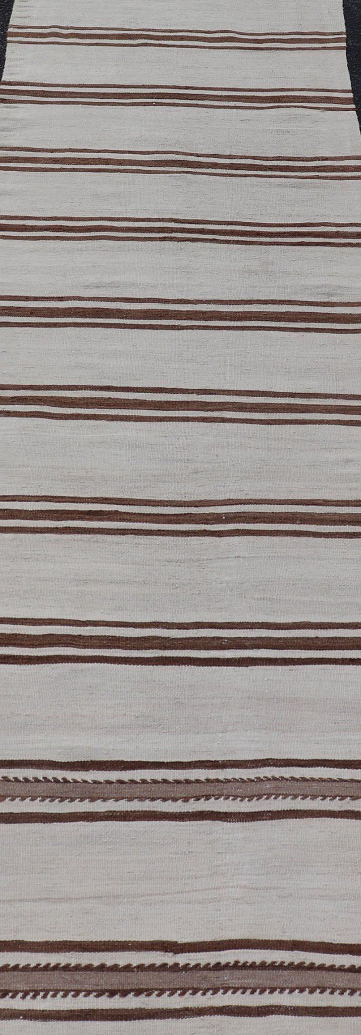 Long Vintage Turkish Natural Kilim with Stripes in Ivory, Taupe and Brown Long Vintage Turkish Natural Kilim with Stripes in Ivory, Taupe and Brown. Keivan Woven Arts / rug EN - P13731, country of origin / type: Turkey / Kilim, circa Mid - 20th Cent... - Keivan Woven ArtsEN - P13731 - 18132Rug