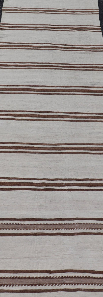 Long Vintage Turkish Natural Kilim with Stripes in Ivory, Taupe and Brown Long Vintage Turkish Natural Kilim with Stripes in Ivory, Taupe and Brown. Keivan Woven Arts / rug EN - P13731, country of origin / type: Turkey / Kilim, circa Mid - 20th Cent... - Keivan Woven ArtsEN - P13731 - 18132Rug