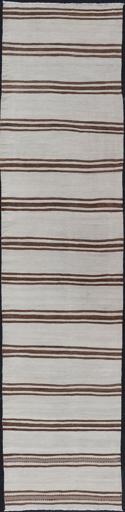 Long Vintage Turkish Natural Kilim with Stripes in Ivory, Taupe and Brown Long Vintage Turkish Natural Kilim with Stripes in Ivory, Taupe and Brown. Keivan Woven Arts / rug EN - P13731, country of origin / type: Turkey / Kilim, circa Mid - 20th Cent... - Keivan Woven ArtsEN - P13731 - 18132Rug