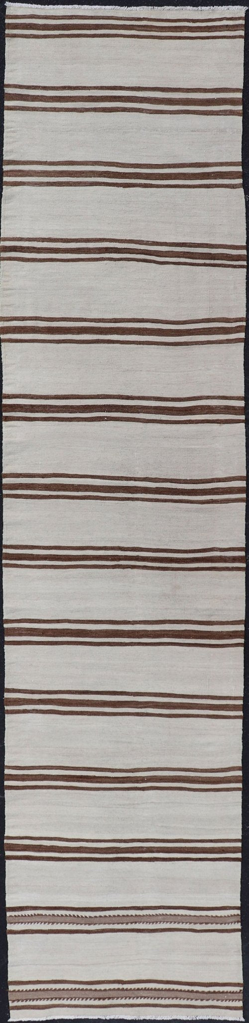 Long Vintage Turkish Natural Kilim with Stripes in Ivory, Taupe and Brown Long Vintage Turkish Natural Kilim with Stripes in Ivory, Taupe and Brown. Keivan Woven Arts / rug EN - P13731, country of origin / type: Turkey / Kilim, circa Mid - 20th Cent... - Keivan Woven ArtsEN - P13731 - 18132Rug