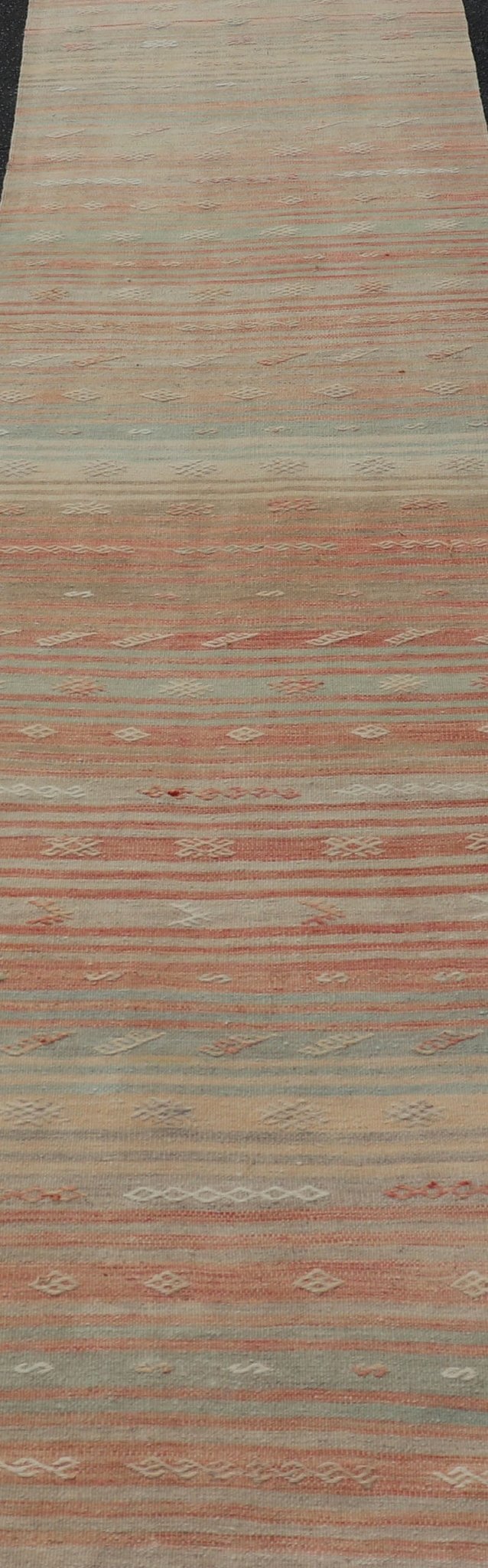 Vintage Kilim Runner with Stripes and Geometric Tribal Motifs in Light Tones. Keivan Woven Arts / rug EN - P13732, country of origin / type: Turkey / Kilim, circa Mid - 20th Century. This vintage flat - woven kilim runner features a minimalist design ... - Keivan Woven ArtsEN - P13732 - 17946Rug