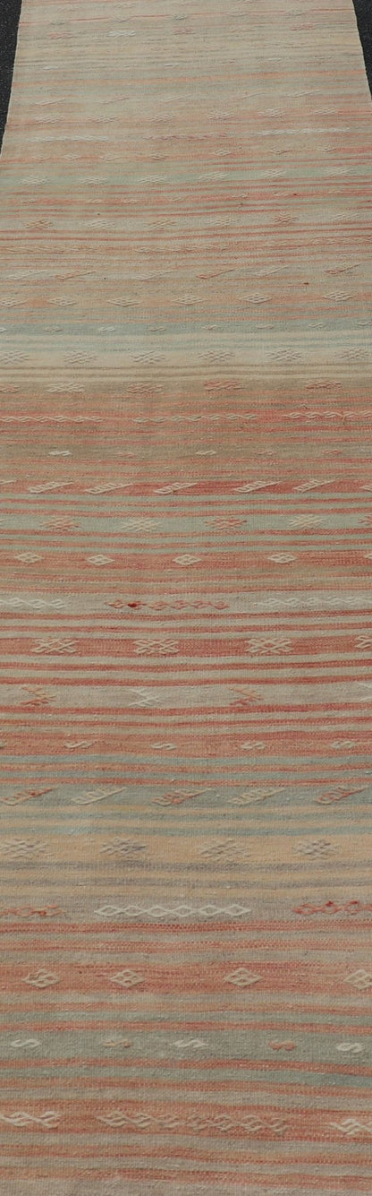 Vintage Kilim Runner with Stripes and Geometric Tribal Motifs in Light Tones. Keivan Woven Arts / rug EN - P13732, country of origin / type: Turkey / Kilim, circa Mid - 20th Century. This vintage flat - woven kilim runner features a minimalist design ... - Keivan Woven ArtsEN - P13732 - 17946Rug