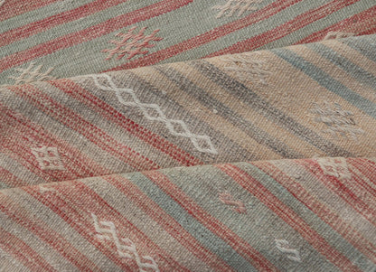Vintage Kilim Runner with Stripes and Geometric Tribal Motifs in Light Tones. Keivan Woven Arts / rug EN - P13732, country of origin / type: Turkey / Kilim, circa Mid - 20th Century. This vintage flat - woven kilim runner features a minimalist design ... - Keivan Woven ArtsEN - P13732 - 17946Rug