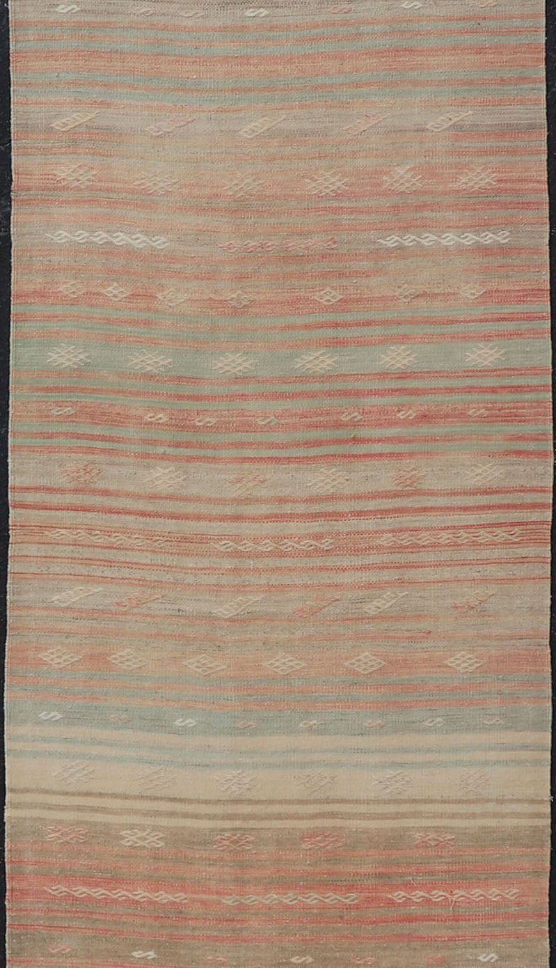 Vintage Kilim Runner with Stripes and Geometric Tribal Motifs in Light Tones. Keivan Woven Arts / rug EN - P13732, country of origin / type: Turkey / Kilim, circa Mid - 20th Century. This vintage flat - woven kilim runner features a minimalist design ... - Keivan Woven ArtsEN - P13732 - 17946Rug