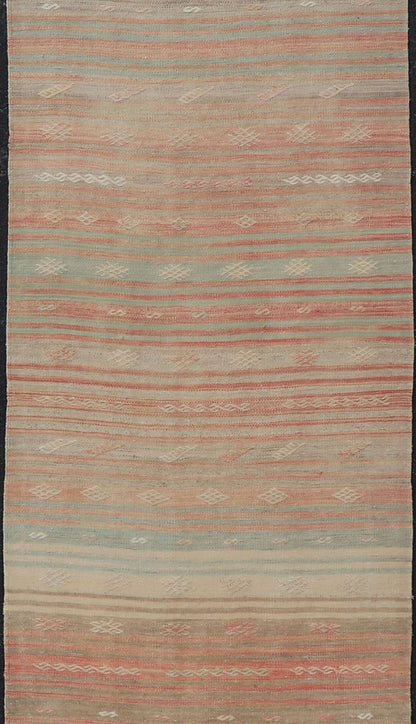 Vintage Kilim Runner with Stripes and Geometric Tribal Motifs in Light Tones. Keivan Woven Arts / rug EN - P13732, country of origin / type: Turkey / Kilim, circa Mid - 20th Century. This vintage flat - woven kilim runner features a minimalist design ... - Keivan Woven ArtsEN - P13732 - 17946Rug