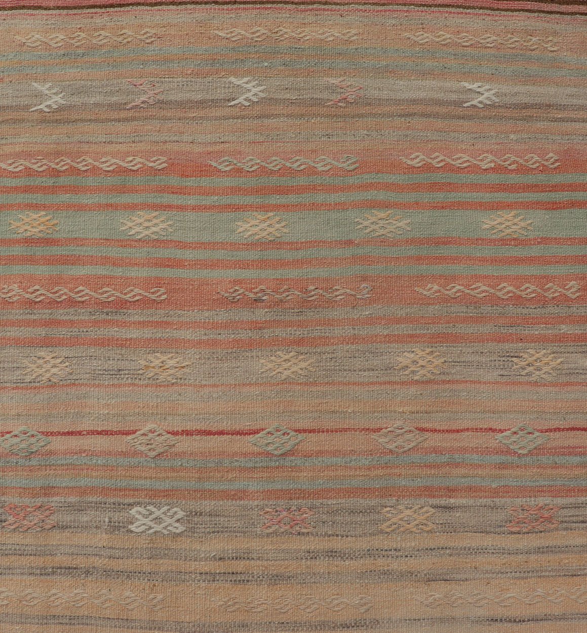 Vintage Kilim Runner with Stripes and Geometric Tribal Motifs in Light Tones. Keivan Woven Arts / rug EN - P13732, country of origin / type: Turkey / Kilim, circa Mid - 20th Century. This vintage flat - woven kilim runner features a minimalist design ... - Keivan Woven ArtsEN - P13732 - 17946Rug