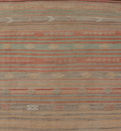 Vintage Kilim Runner with Stripes and Geometric Tribal Motifs in Light Tones. Keivan Woven Arts / rug EN - P13732, country of origin / type: Turkey / Kilim, circa Mid - 20th Century. This vintage flat - woven kilim runner features a minimalist design ... - Keivan Woven ArtsEN - P13732 - 17946Rug