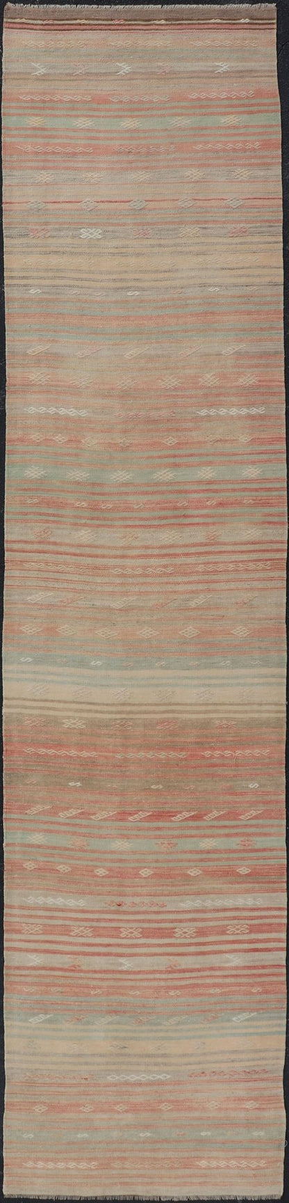 Vintage Kilim Runner with Stripes and Geometric Tribal Motifs in Light Tones. Keivan Woven Arts / rug EN - P13732, country of origin / type: Turkey / Kilim, circa Mid - 20th Century. This vintage flat - woven kilim runner features a minimalist design ... - Keivan Woven ArtsEN - P13732 - 17946Rug
