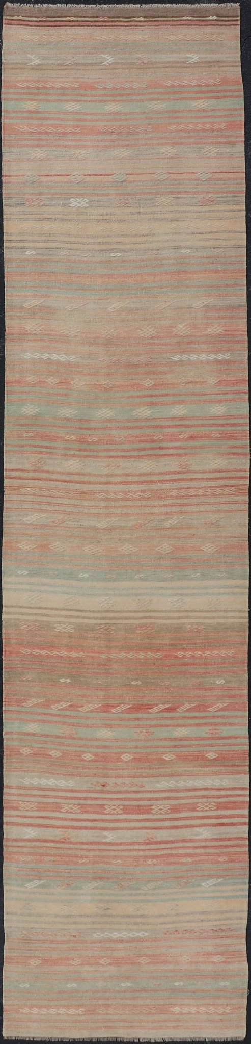 Vintage Kilim Runner with Stripes and Geometric Tribal Motifs in Light Tones. Keivan Woven Arts / rug EN - P13732, country of origin / type: Turkey / Kilim, circa Mid - 20th Century. This vintage flat - woven kilim runner features a minimalist design ... - Keivan Woven ArtsEN - P13732 - 17946Rug