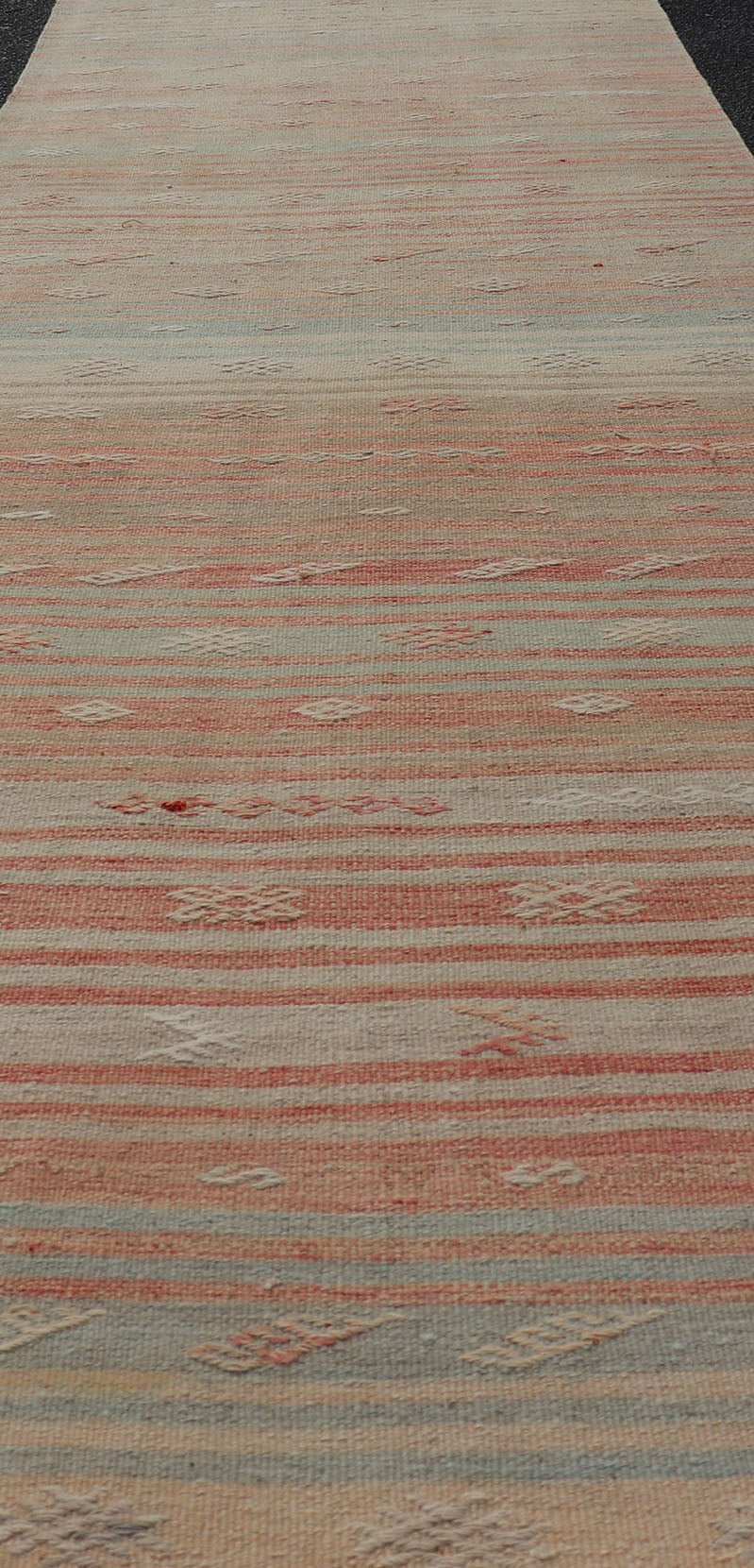 Vintage Kilim Runner with Stripes and Geometric Tribal Motifs in Light Tones. Keivan Woven Arts / rug EN - P13732, country of origin / type: Turkey / Kilim, circa Mid - 20th Century. This vintage flat - woven kilim runner features a minimalist design ... - Keivan Woven ArtsEN - P13732 - 17946Rug