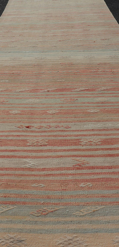 Vintage Kilim Runner with Stripes and Geometric Tribal Motifs in Light Tones. Keivan Woven Arts / rug EN - P13732, country of origin / type: Turkey / Kilim, circa Mid - 20th Century. This vintage flat - woven kilim runner features a minimalist design ... - Keivan Woven ArtsEN - P13732 - 17946Rug