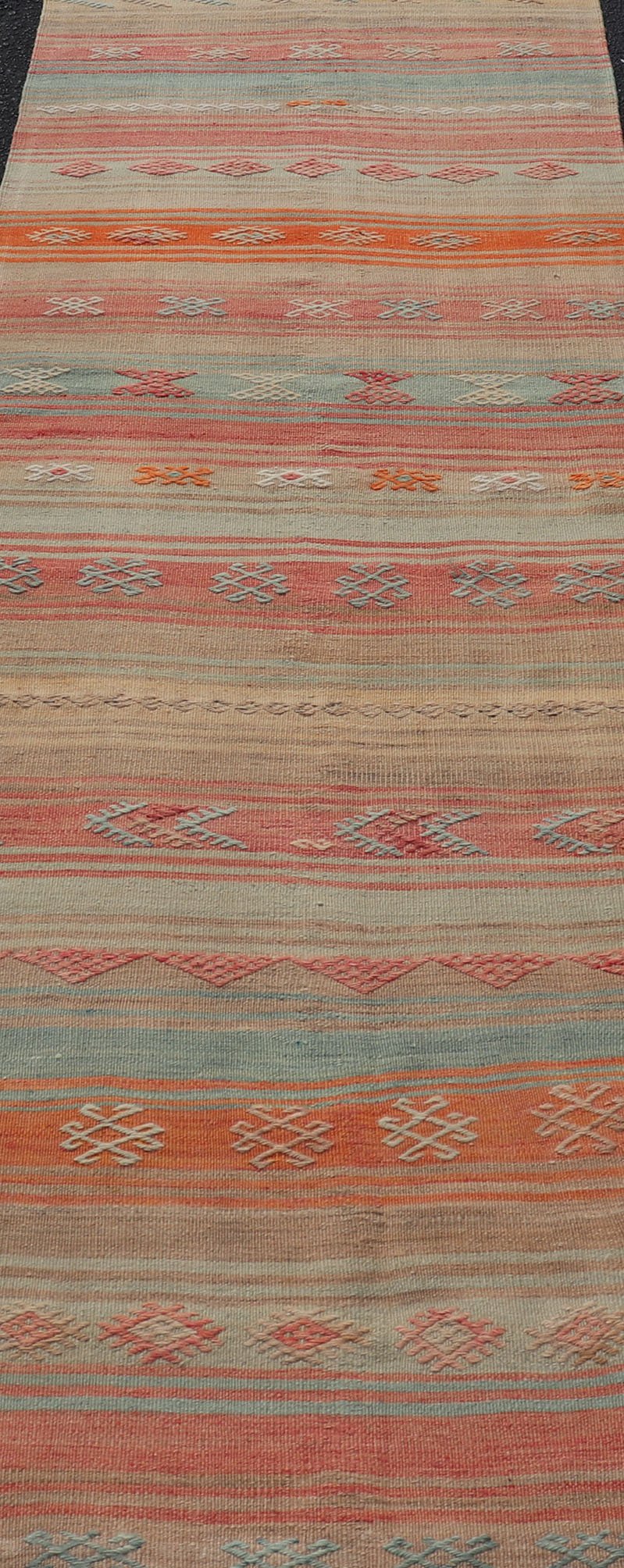 Vintage Turkish Kilim with Horizontal Stripes and Tribal Motifs in Bright Tones Hand Woven Vintage Turkish Kilim in colors with hand woven motifs with stripes, Keivan Woven Arts / rug EN - P13733, country of origin / type: Turkey / Kilim, circa M... - Keivan Woven ArtsEN - P13733 - 17952Rug