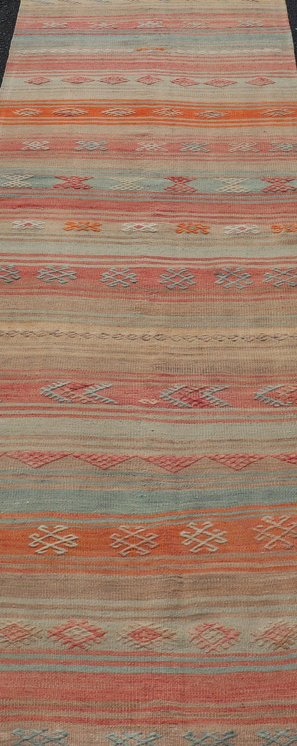 Vintage Turkish Kilim with Horizontal Stripes and Tribal Motifs in Bright Tones Hand Woven Vintage Turkish Kilim in colors with hand woven motifs with stripes, Keivan Woven Arts / rug EN - P13733, country of origin / type: Turkey / Kilim, circa M... - Keivan Woven ArtsEN - P13733 - 17952Rug