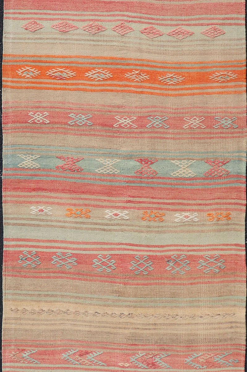 Vintage Turkish Kilim with Horizontal Stripes and Tribal Motifs in Bright Tones Hand Woven Vintage Turkish Kilim in colors with hand woven motifs with stripes, Keivan Woven Arts / rug EN - P13733, country of origin / type: Turkey / Kilim, circa M... - Keivan Woven ArtsEN - P13733 - 17952Rug