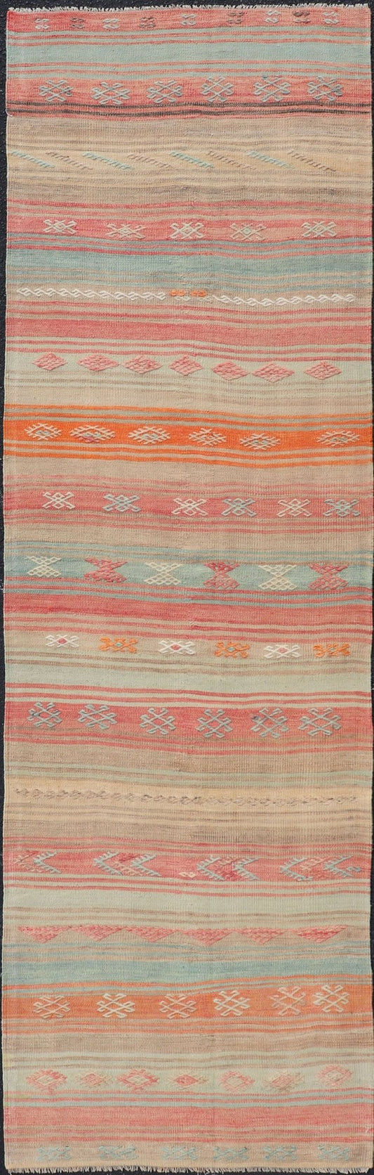 Vintage Turkish Kilim with Horizontal Stripes and Tribal Motifs in Bright Tones Hand Woven Vintage Turkish Kilim in colors with hand woven motifs with stripes, Keivan Woven Arts / rug EN - P13733, country of origin / type: Turkey / Kilim, circa M... - Keivan Woven ArtsEN - P13733 - 17952Rug