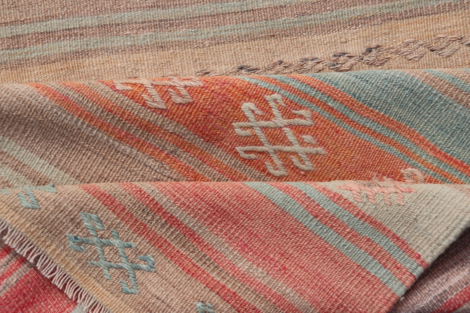 Vintage Turkish Kilim with Horizontal Stripes and Tribal Motifs in Bright Tones Hand Woven Vintage Turkish Kilim in colors with hand woven motifs with stripes, Keivan Woven Arts / rug EN - P13733, country of origin / type: Turkey / Kilim, circa M... - Keivan Woven ArtsEN - P13733 - 17952Rug