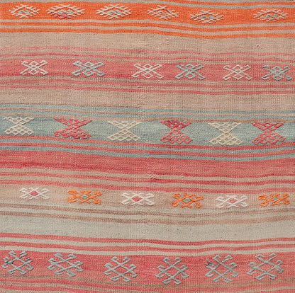 Vintage Turkish Kilim with Horizontal Stripes and Tribal Motifs in Bright Tones Hand Woven Vintage Turkish Kilim in colors with hand woven motifs with stripes, Keivan Woven Arts / rug EN - P13733, country of origin / type: Turkey / Kilim, circa M... - Keivan Woven ArtsEN - P13733 - 17952Rug