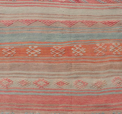 Vintage Turkish Kilim with Horizontal Stripes and Tribal Motifs in Bright Tones Hand Woven Vintage Turkish Kilim in colors with hand woven motifs with stripes, Keivan Woven Arts / rug EN - P13733, country of origin / type: Turkey / Kilim, circa M... - Keivan Woven ArtsEN - P13733 - 17952Rug