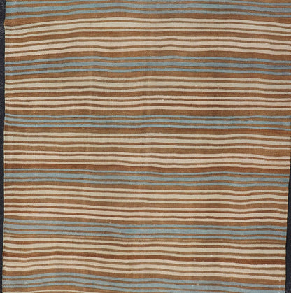 Vintage Hand Woven Turkish Kilim with Stripes in Brown, Cream and Light Blue Vintage Turkish Kilim Hand Woven with stripes with brown, blue and cream. Keivan Woven Arts / rug EN - P13763, country of origin / type: Turkey / Kilim, circa Mid - 20th Ce... - Keivan Woven ArtsEN - P13763 - 17958Rug