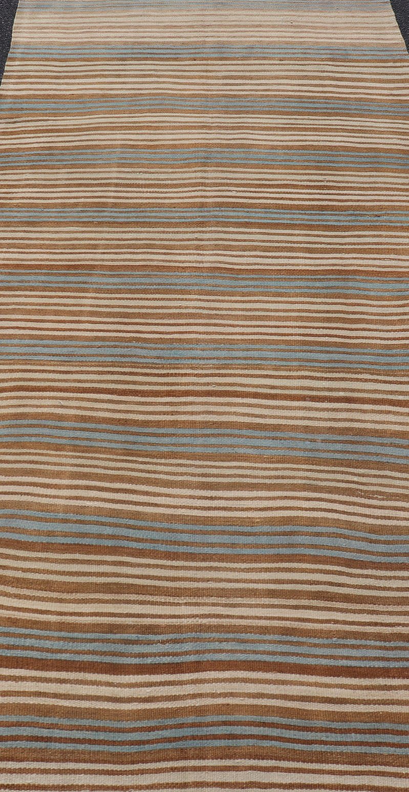 Vintage Hand Woven Turkish Kilim with Stripes in Brown, Cream and Light Blue Vintage Turkish Kilim Hand Woven with stripes with brown, blue and cream. Keivan Woven Arts / rug EN - P13763, country of origin / type: Turkey / Kilim, circa Mid - 20th Ce... - Keivan Woven ArtsEN - P13763 - 17958Rug