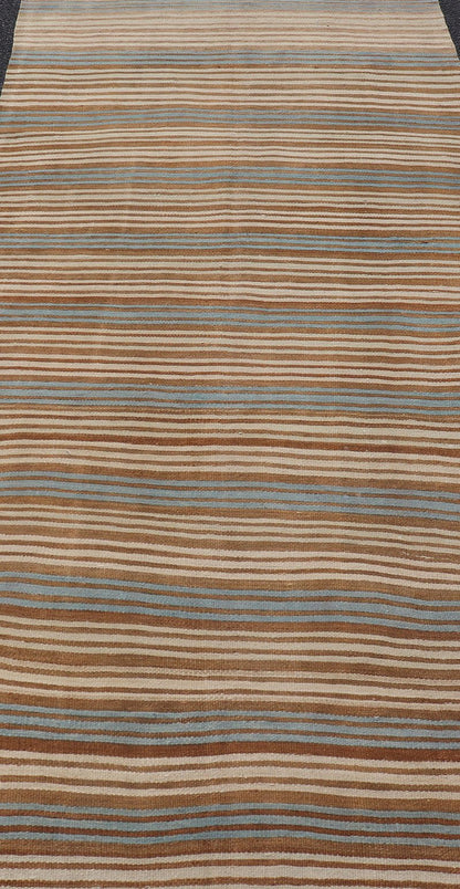 Vintage Hand Woven Turkish Kilim with Stripes in Brown, Cream and Light Blue Vintage Turkish Kilim Hand Woven with stripes with brown, blue and cream. Keivan Woven Arts / rug EN - P13763, country of origin / type: Turkey / Kilim, circa Mid - 20th Ce... - Keivan Woven ArtsEN - P13763 - 17958Rug