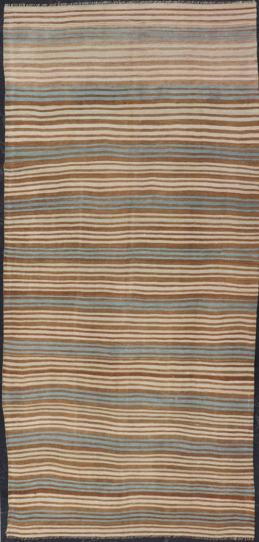 Vintage Hand Woven Turkish Kilim with Stripes in Brown, Cream and Light Blue Vintage Turkish Kilim Hand Woven with stripes with brown, blue and cream. Keivan Woven Arts / rug EN - P13763, country of origin / type: Turkey / Kilim, circa Mid - 20th Ce... - Keivan Woven ArtsEN - P13763 - 17958Rug