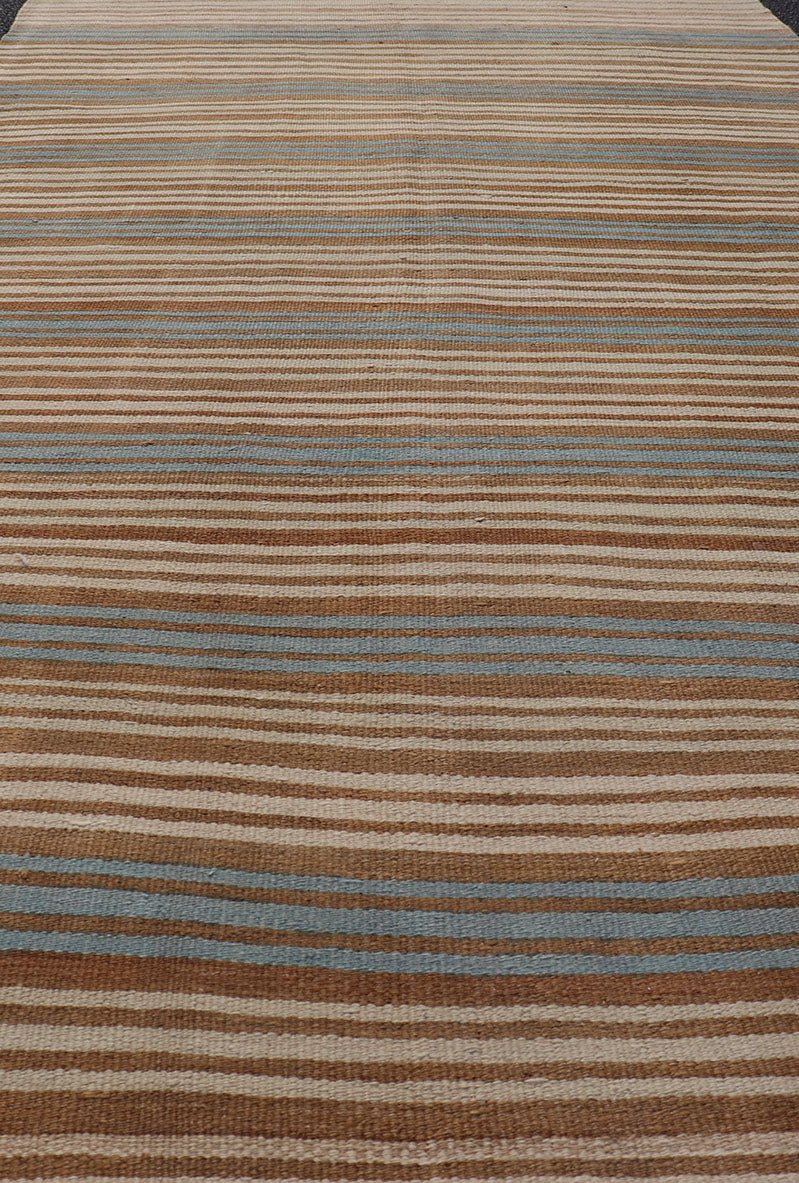 Vintage Hand Woven Turkish Kilim with Stripes in Brown, Cream and Light Blue Vintage Turkish Kilim Hand Woven with stripes with brown, blue and cream. Keivan Woven Arts / rug EN - P13763, country of origin / type: Turkey / Kilim, circa Mid - 20th Ce... - Keivan Woven ArtsEN - P13763 - 17958Rug
