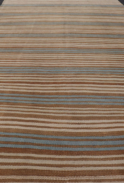 Vintage Hand Woven Turkish Kilim with Stripes in Brown, Cream and Light Blue Vintage Turkish Kilim Hand Woven with stripes with brown, blue and cream. Keivan Woven Arts / rug EN - P13763, country of origin / type: Turkey / Kilim, circa Mid - 20th Ce... - Keivan Woven ArtsEN - P13763 - 17958Rug