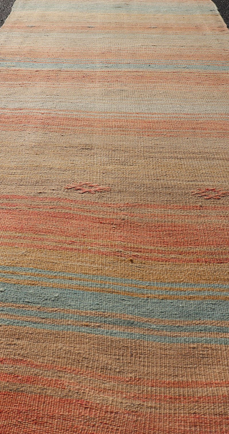Vintage Turkish Kilim Runner with Stripes in Orange, Taupe, Tan, Cream & Blue Vintage Turkish Kilim Runner with multi color with stripes. rug Keivan Woven Arts / EN - P13773, country of origin / type: Turkey / Kilim, circa Mid - 20th Century. ... - Keivan Woven ArtsEN - P13773 - 17964Rug