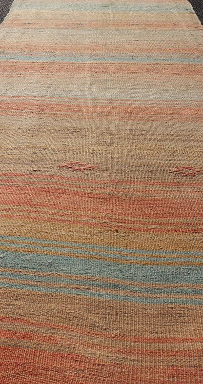 Vintage Turkish Kilim Runner with Stripes in Orange, Taupe, Tan, Cream & Blue Vintage Turkish Kilim Runner with multi color with stripes. rug Keivan Woven Arts / EN - P13773, country of origin / type: Turkey / Kilim, circa Mid - 20th Century. ... - Keivan Woven ArtsEN - P13773 - 17964Rug