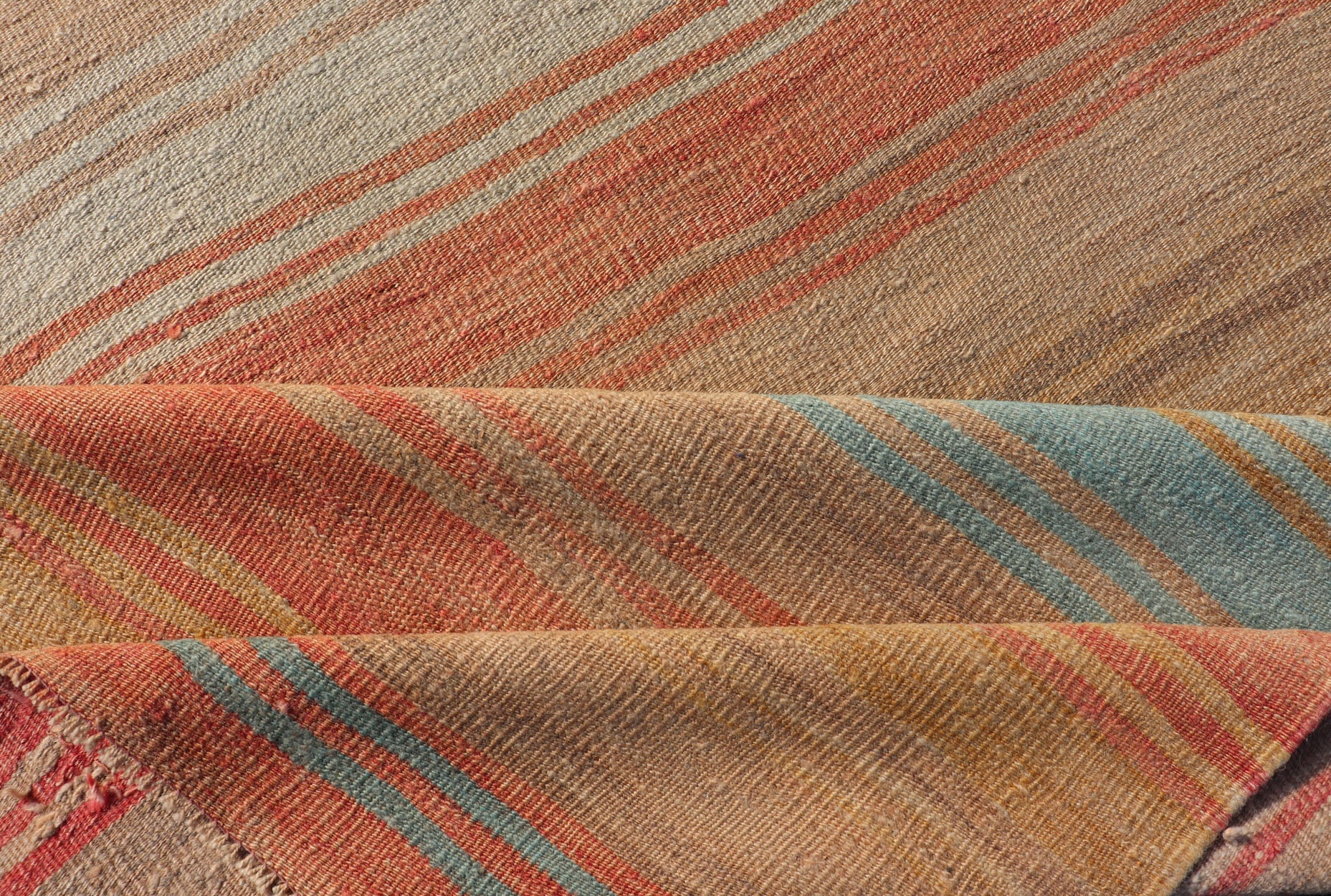 Vintage Turkish Kilim Runner with Stripes in Orange, Taupe, Tan, Cream & Blue Vintage Turkish Kilim Runner with multi color with stripes. rug Keivan Woven Arts / EN - P13773, country of origin / type: Turkey / Kilim, circa Mid - 20th Century. ... - Keivan Woven ArtsEN - P13773 - 17964Rug