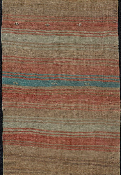 Vintage Turkish Kilim Runner with Stripes in Orange, Taupe, Tan, Cream & Blue Vintage Turkish Kilim Runner with multi color with stripes. rug Keivan Woven Arts / EN - P13773, country of origin / type: Turkey / Kilim, circa Mid - 20th Century. ... - Keivan Woven ArtsEN - P13773 - 17964Rug