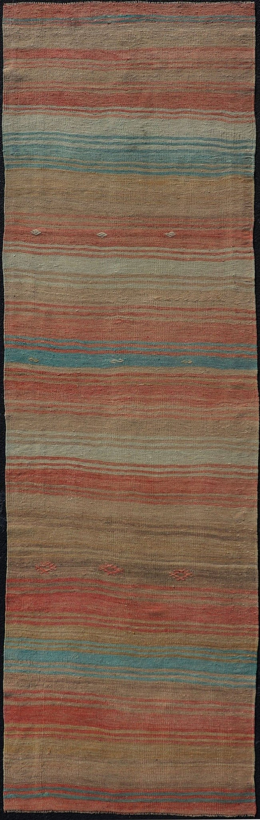 Vintage Turkish Kilim Runner with Stripes in Orange, Taupe, Tan, Cream & Blue Vintage Turkish Kilim Runner with multi color with stripes. rug Keivan Woven Arts / EN - P13773, country of origin / type: Turkey / Kilim, circa Mid - 20th Century. ... - Keivan Woven ArtsEN - P13773 - 17964