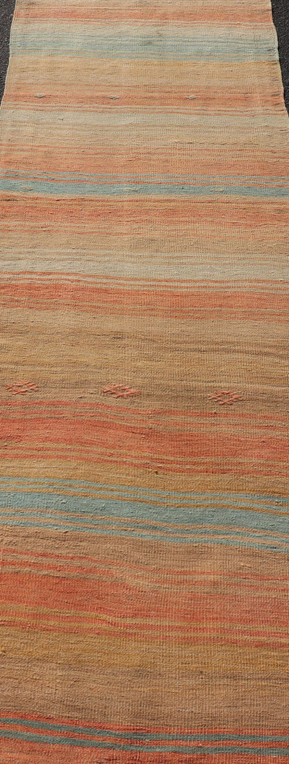 Vintage Turkish Kilim Runner with Stripes in Orange, Taupe, Tan, Cream & Blue Vintage Turkish Kilim Runner with multi color with stripes. rug Keivan Woven Arts / EN - P13773, country of origin / type: Turkey / Kilim, circa Mid - 20th Century. ... - Keivan Woven ArtsEN - P13773 - 17964Rug