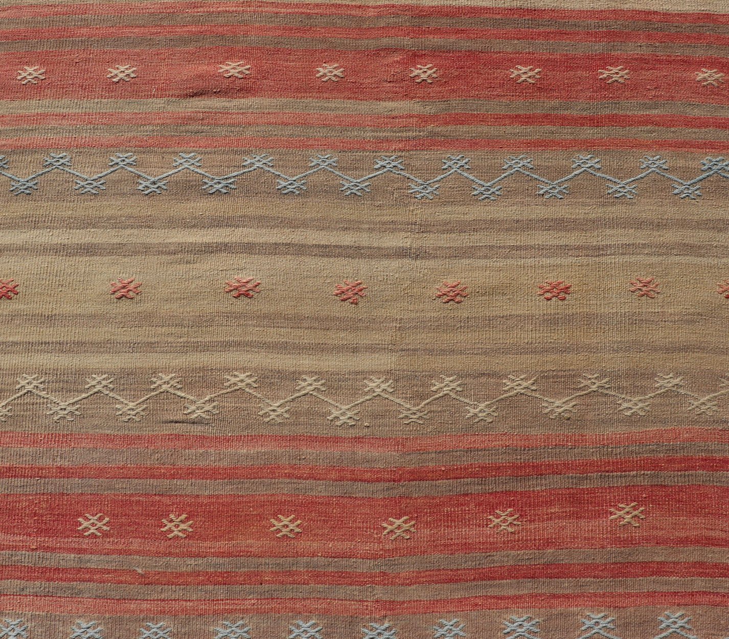 Vintage Turkish Kilim with Stripes in Blue, Tan, Brown, Cream and Orange Multicolored vintage Turkish Kilim rug with horizontal stripes in tan, blue, brown and orange. Keivan Woven Arts / Vintage Turkish Kilim, rug EN - P13774, country of origin /... - Keivan Woven ArtsEN - P13774 - 17970Rug
