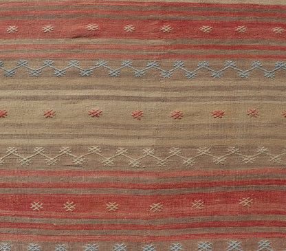 Vintage Turkish Kilim with Stripes in Blue, Tan, Brown, Cream and Orange Multicolored vintage Turkish Kilim rug with horizontal stripes in tan, blue, brown and orange. Keivan Woven Arts / Vintage Turkish Kilim, rug EN - P13774, country of origin /... - Keivan Woven ArtsEN - P13774 - 17970Rug